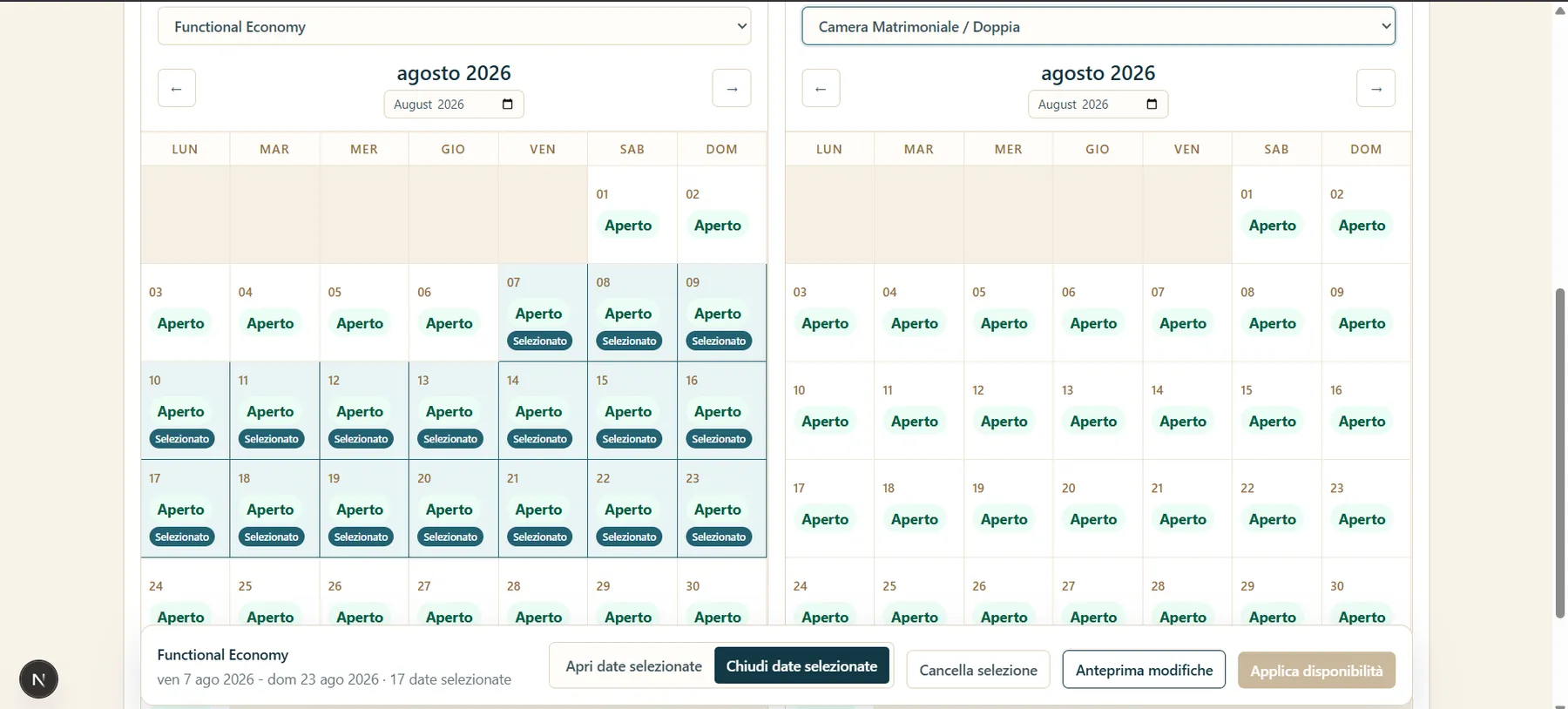 Calendario prezzi visual
